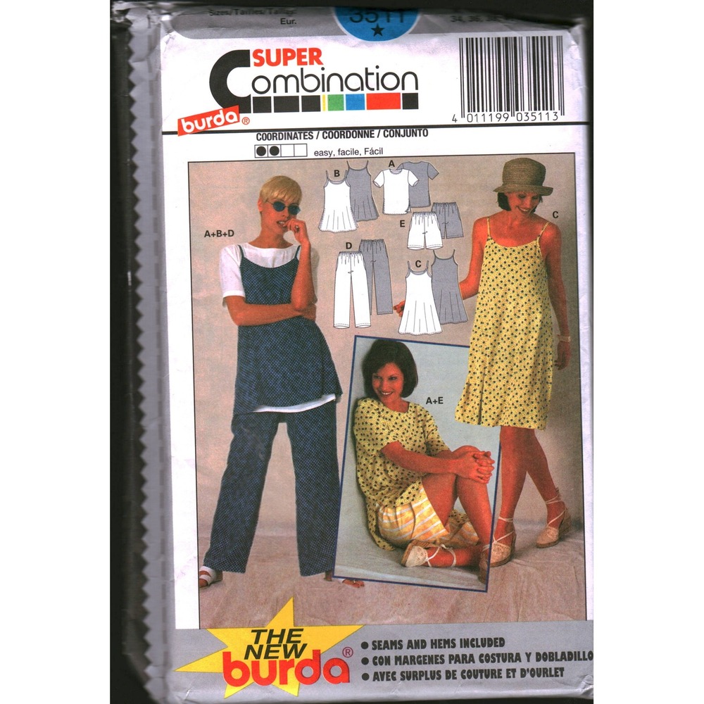 Burda 3511 Super Combination Sewing Pattern Dress Top Pants Shorts Size 8-12